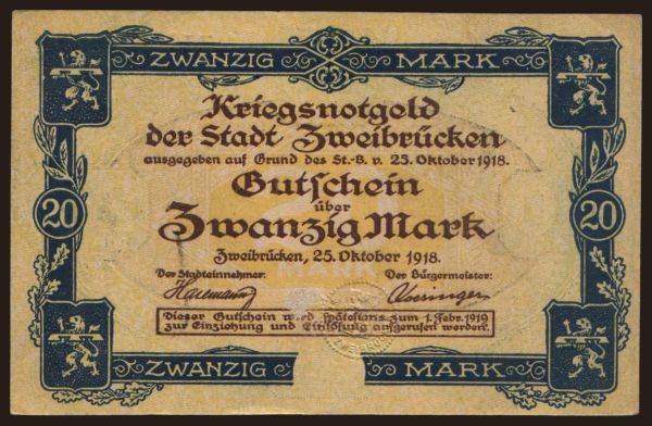 Nemecko, Grossgeld, Inflation, 1918-1920: Zweibrücken/ Stadt, 20 Mark, 1918