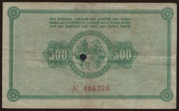 Németország, Grossgeld, Inflation, 1922: Zwickau/ Stadt, 500 Mark, 1922