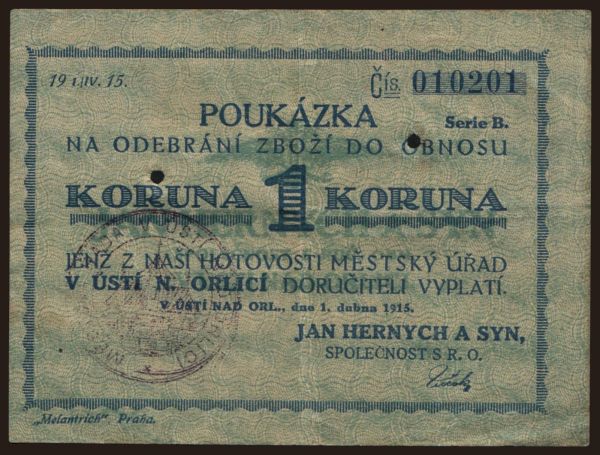 Csehszlovákia és utódállamai, Helyi kiadások: Ústí nad Orlicí, 1 koruna, 1915