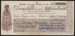 Rinteln/ Gebrüder Stoevesandt Kommanditges. auf Aktien, 30.000.000.000 Mark, 1923