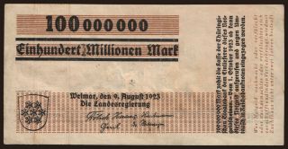Weimar/ Landesregierung, 100.000.000 Mark, 1923