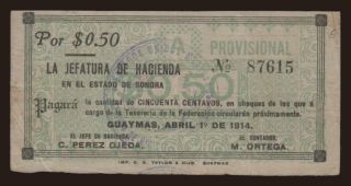 La Jefatura de Hacienda, Guaymas, 50 centavos, 1914
