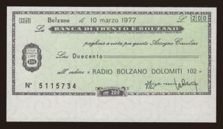 Banca di Trento e Bolzano, 200 lire, 1977