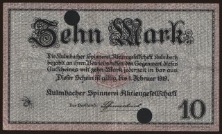 Kulmbach/ Spinnerei A.G., 10 Mark, 1919