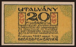Székesfehérvár/ Légszeszgyár és Vegyiművek RT., 20 fillér, 1921