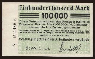Breslau/Vereinigung Breslauer Arbeitgeberverbände, 100.000 Mark, 1923