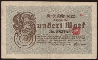 Köln/ Stadt, 100 Mark, 1922