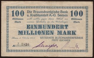 Seesen/ Seesener Blechwarenfabrik Fritz Züchner, 100.000.000.000 Mark, 1923