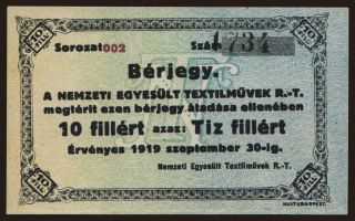 Budapest/ Nemzeti Egyesült Textilművek, 10 fillér, 1919