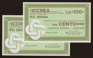 Istituto di Credito delle Casse Rurali e Artigiane, 100 lire, 1977, (2x)