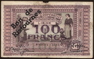 Liege/ union Cooperative, 100 francs, 1923