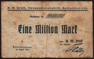 Kaiserslautern/G.M. Pfaff Nähmaschinenfabrik, 1.000.000 Mark, 1923