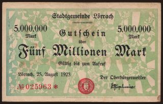 Lörrach/ Stadt, 5.000.000 Mark, 1923