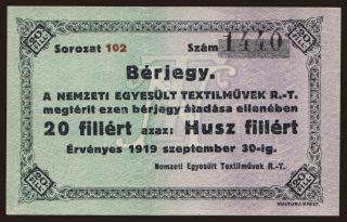 Budapest/ Nemzeti Egyesült Textilművek, 20 fillér, 1919