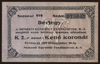 Budapest/ Nemzeti Egyesült Textilművek, 2 korona, 1919