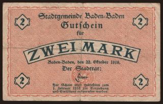 Baden-Baden/ Stadt, 2 Mark, 1918