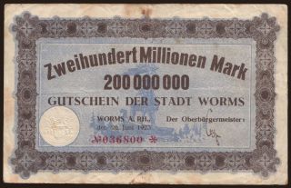 Worms/ Stadt, 200.000.000 Mark, 1923