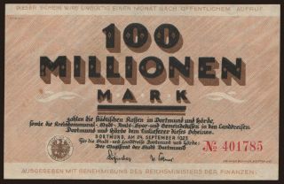 Dortmund-Hörde/ Magistrat der Stadt, 100.000.000 Mark, 1923