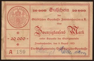 Frankenhausen/ Stadt und Städtische Sparkasse, 20.000 Mark, 1923
