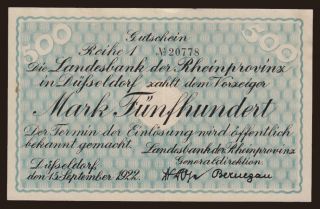 Düsseldorf/ Landesbank der Rheinprovinz, 500 Mark, 1922