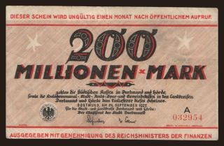 Dortmund/ Magistrat der Stadt, 200.000.000 Mark, 1923
