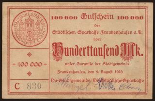 Frankenhausen/ Stadt und Städtische Sparkasse, 100.000 Mark, 1923