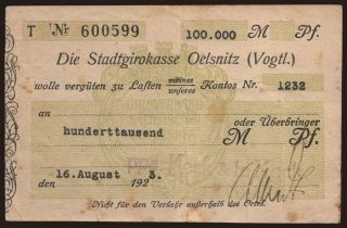 Oelsnitz/ Stadtgirokasse, 100.000 Mark, 1923
