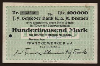 Bremen/ Francke Werke K.a.A., 100.000 Mark, 1923
