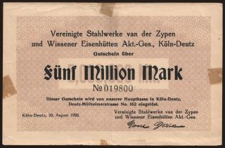 Köln-Deutz/ Vereinigte Stahlwerke van der Zypen und Wissner Akt.-Ges., 5.000.000 Mark, 1923