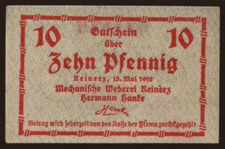 Reinerz/ Mechanische Weberei Reinerz, Hermann Hanke, 10 Pfennig, 1920