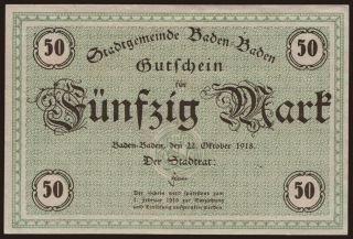 Baden-Baden/ Stadt, 50 Mark, 1918