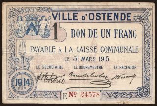 Oostende, 1 franc, 1915