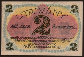 Budapest/ METRO vízmérőgyár RT., 2 korona, 1920