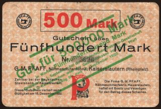 Kaiserslautern/G.M. Pfaff Nähmaschinenfabrik, 500.000 Mark, 1923