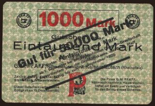 Kaiserslautern/G.M. Pfaff Nähmaschinenfabrik, 50.000 Mark, 1923