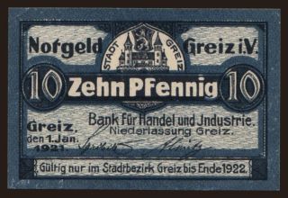 Greiz/ Bank für Handel und Industrie, 10 Pfennig, 1921