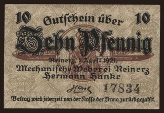 Reinerz/ Mechanische Weberei Reinerz, 10 Pfennig, 1921