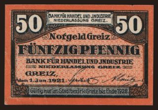 Greiz/ Bank für Handel und Industrie, 50 Pfennig, 1921