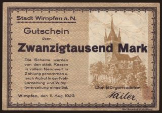 Wimpfen/ Stadt, 20.000 Mark, 1923