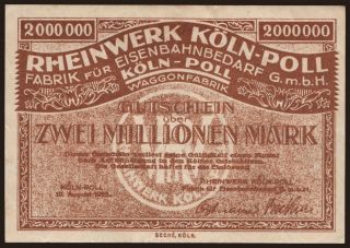 Köln-Poll/ Rheinwerk Waggonfabrik, 2.000.000 Mark, 1923