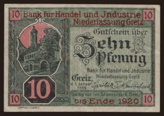 Greiz/ Bank für Handel und Industrie, 10 Pfennig, 1919