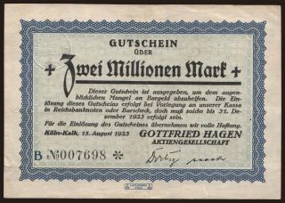 Köln-Kalk/ Gottfried Hagen Aktiengesellschaft, 2.000.000 Mark, 1923