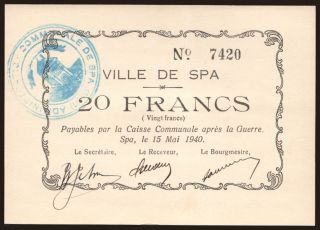 Spa, 20 francs, 1940