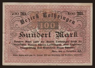 Metz/ Bezirk Lothringen, 100 Mark, 1918