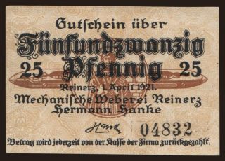 Reinerz/ Mechanische Weberei Reinerz, Hermann Hanke, 25 Pfennig, 1921