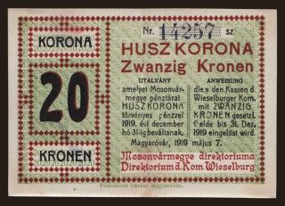 Mosonvármegye/ Mošonská župa, 20 korona, 1919