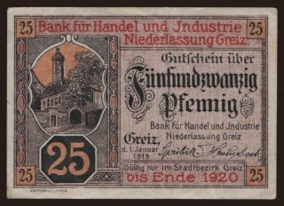 Greiz/ Bank für Handel und Industrie, 25 Pfennig, 1919