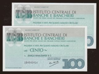 Istituto Centrale di Banche e Banchieri, 100 lire, 1977, (2x)