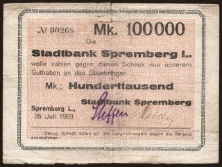 Spremberg/ Stadtbank, 100.000 Mark, 1923