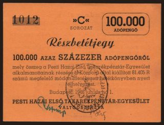 Budapest/ Pesti Hazai Takarékpénztár-Egyesület, 100.000 adópengő, 1946